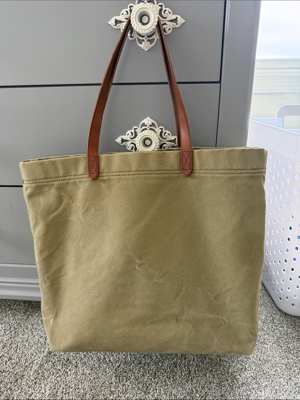 Madewell Canvas Tote in Olive with Brown Leather Trim